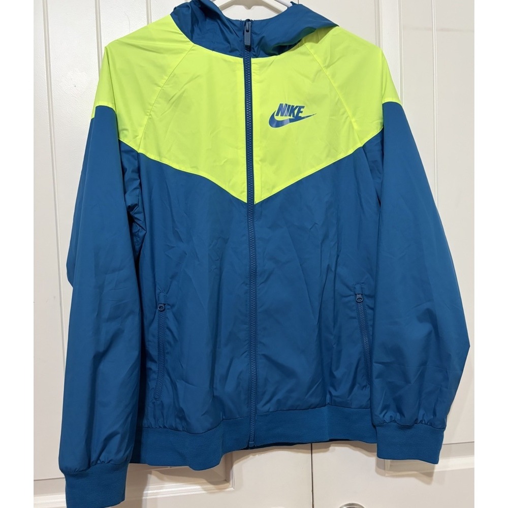 Women's XL Nike Rain Windbreaker‎ Teal And Lime Ribbed Waist Full Zip Hooded